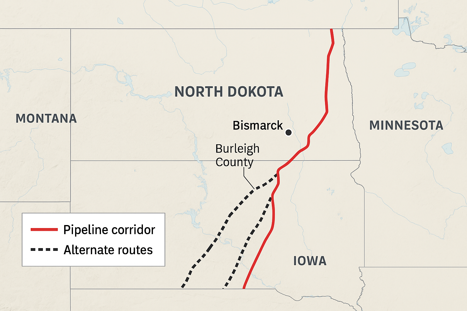 A Map Of The Midwest Pipeline Corridor Overlaid On North Dakota, With Burleigh County