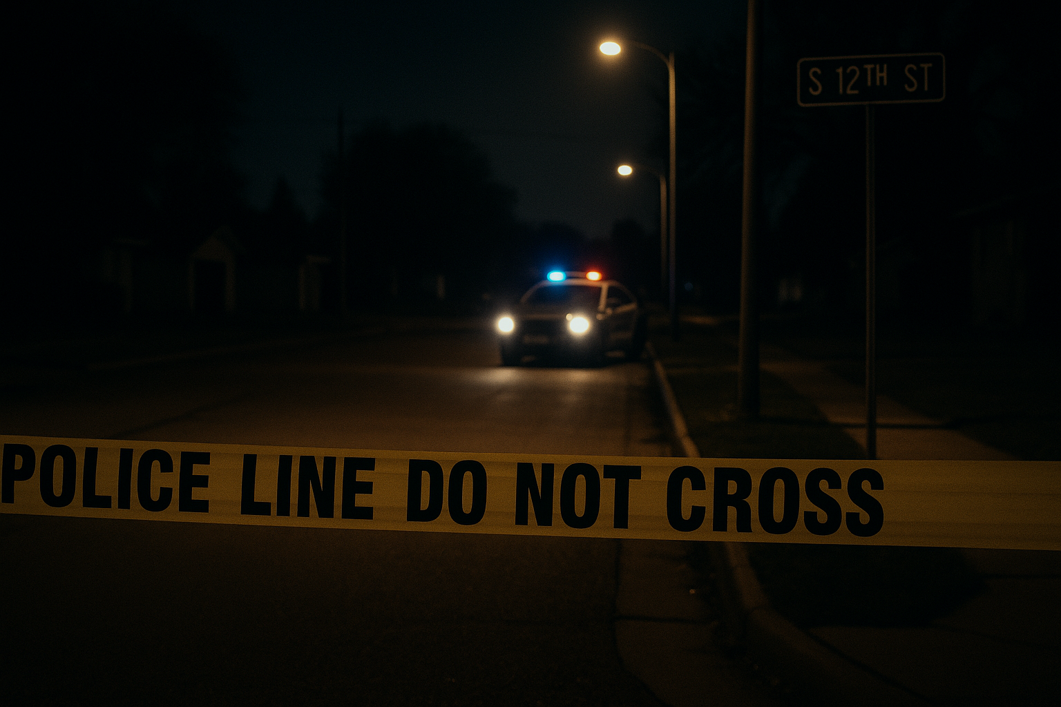 With Police Tape Or Patrol Car In The Distance
