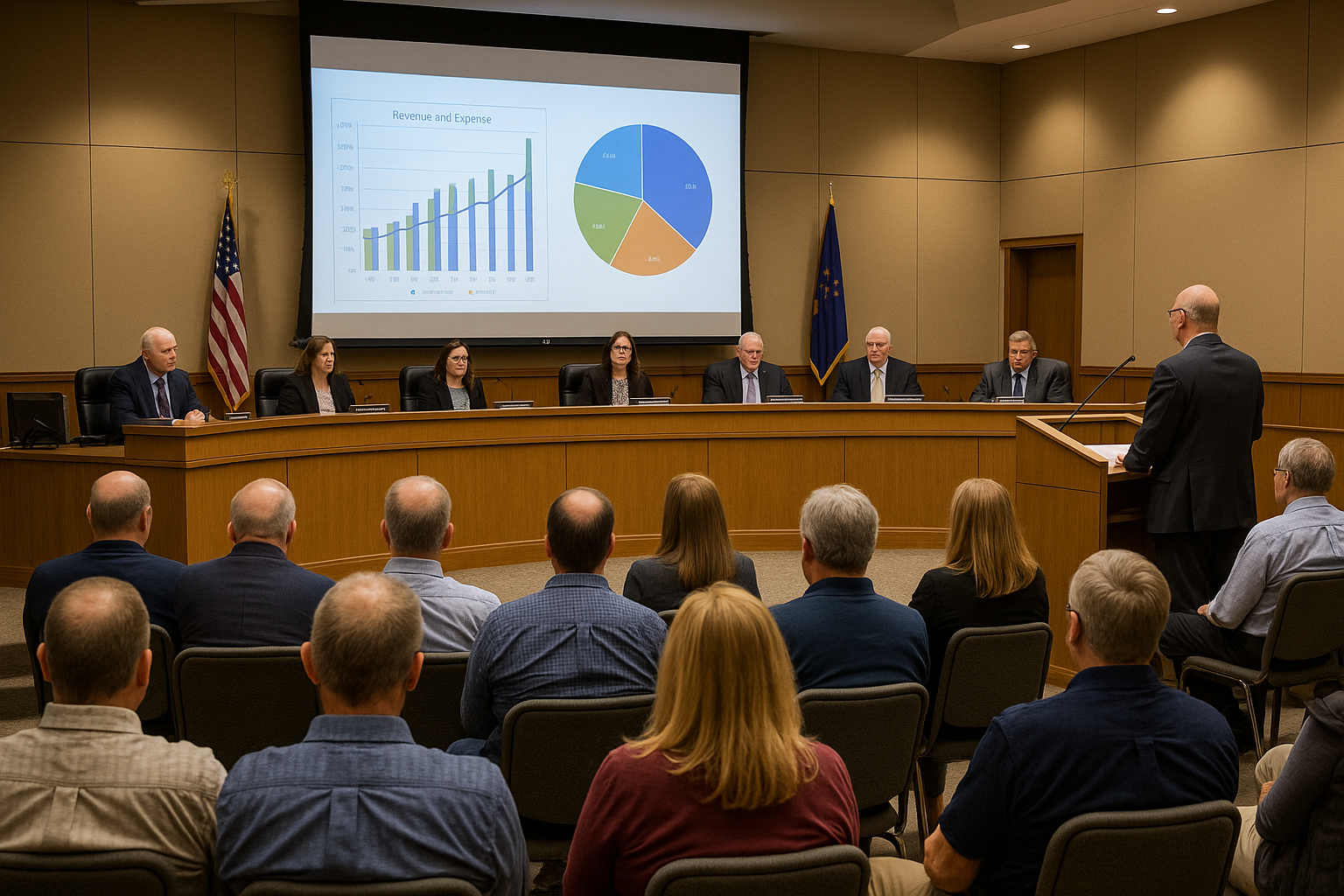 A City Hall Meeting In Session, With Finance Charts Projected