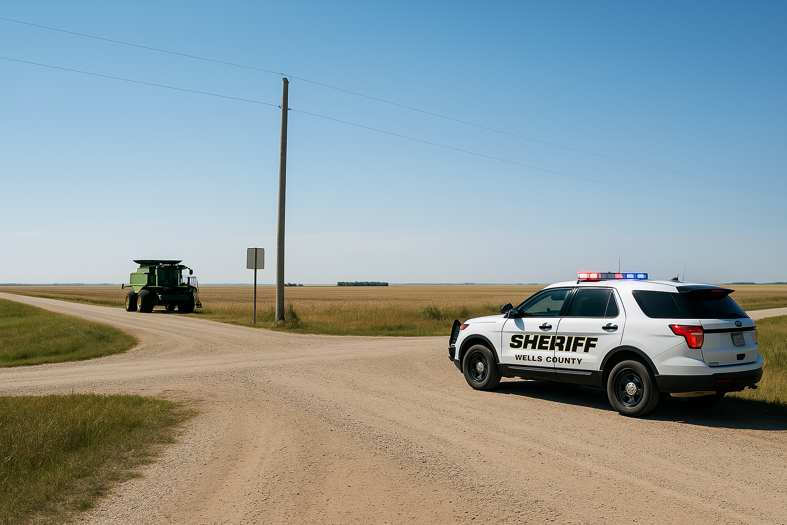 A Large Combine In The Distance, And A Sheriff’S Vehicle Parked Nearby — Clear Sky, Daylight, Somber Tone.