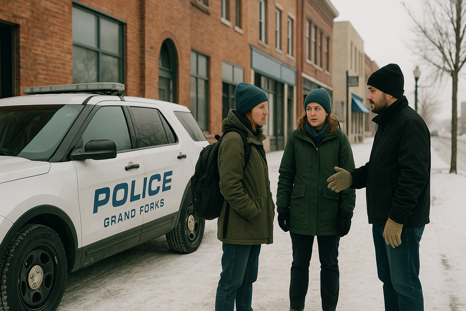 A Grand Forks Winter Urban Street Scene Showing A Police Cruiser Parked Near A Brick Building Downtown