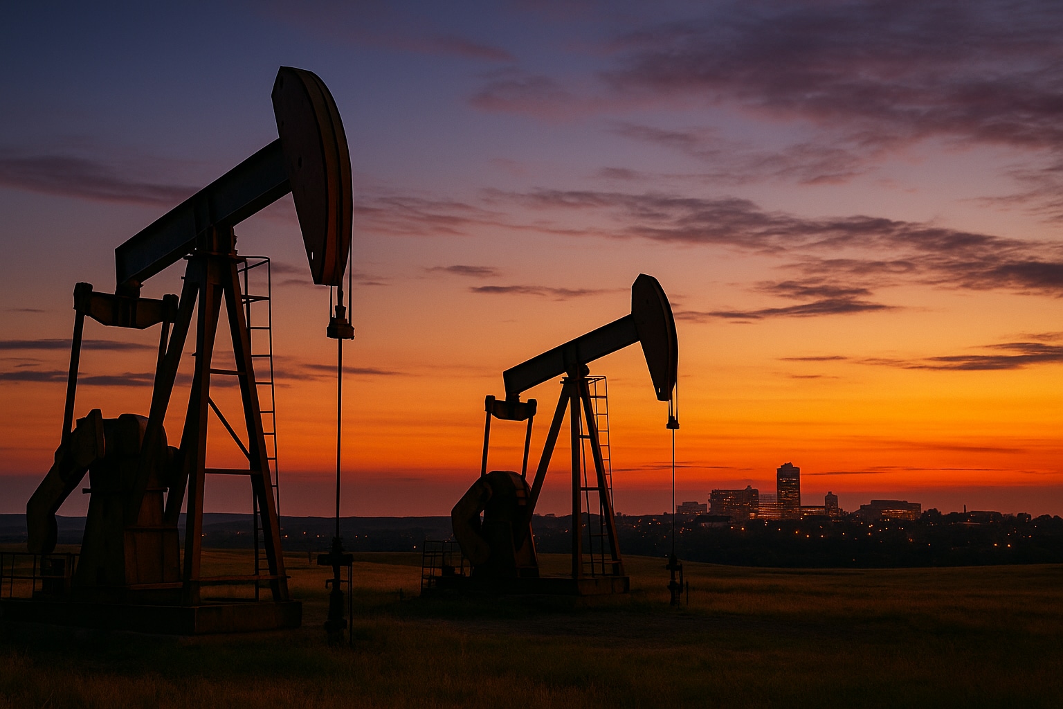 A Twilight Shot Of The Williston Basin Oil Field Pump Jacks With The Bismarck Skyline